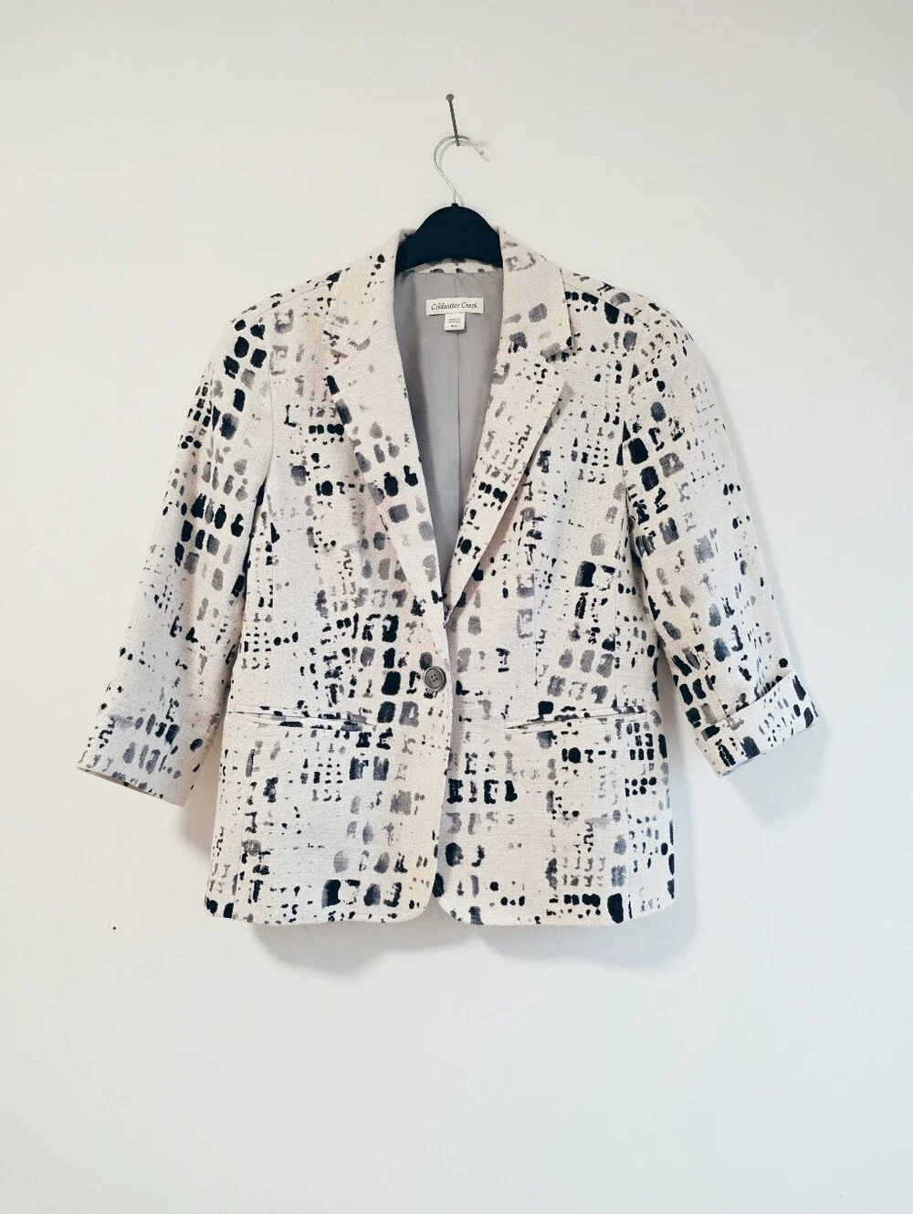 Coldwater Creek Linen Blend Abstract Print Blazer Jacket Size 4-6 Neutral Artsy